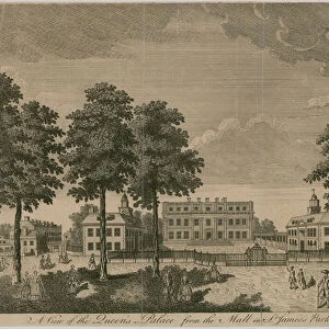 Buckingham House, A view of the Queens Palace from the Mall in St Jamess Park (engraving)