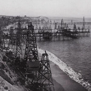 California: Summerland, near Santa Barbara, where oil is pumped from beneath the oceans bed (b / w photo)