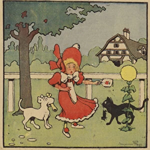 Cartoon of a girl caught between her dog with a bone and her cat with a mouse (colour litho)