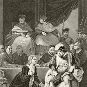 Catherine of Aragon kneeling before her husband King Henry VIII during the trial of their marriage