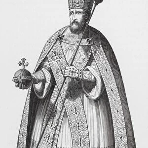Charlemagne wearing the imperial insignia of the Holy Roman Empire (engraving)