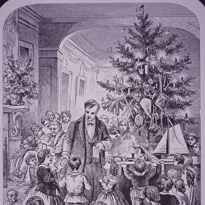 Children gather round the tree to receive their Christmas presents, 1870 (engraving)