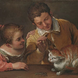Two Children Teasing a Cat (oil on canvas)