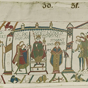 Coronation of Harold as English King, Bayeux Tapestry (wool embroidery on linen)