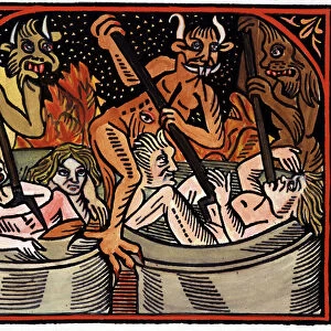 Devils cooking men in cauldrons in hell