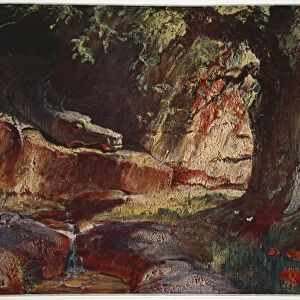 Fafner in his cave, 1906 (colour litho)
