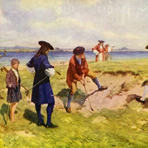 The first international foursome, golfers in the 17th Century (colour litho)