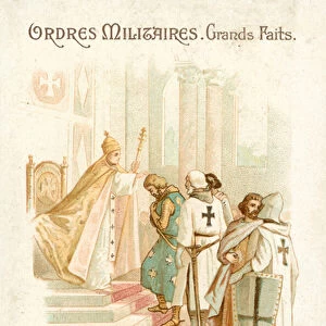 Hermann von Salza, Grand Master of the Teutonic Knights, brings about a reconciliation between Pope Gregory IX and Emperor Frederick II, 13th Century (chromolitho)