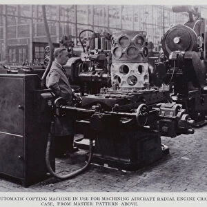 The Keller automatic copying machine in use for machining aircraft radial engine crankcase, from master pattern above (b / w photo)