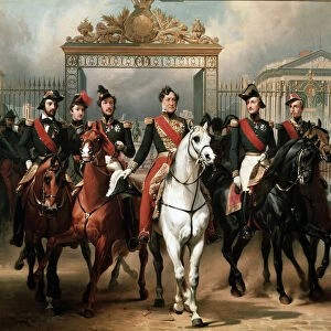 Le roi Louis-Philippe entoure de ses cinq fils sortant par la grille d