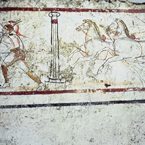 Lucanian fresco tomb painting depicting a gladiator and a man on a chariot