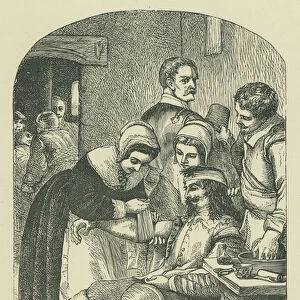 Lucy Hutchinson and the wounded royalist (engraving)