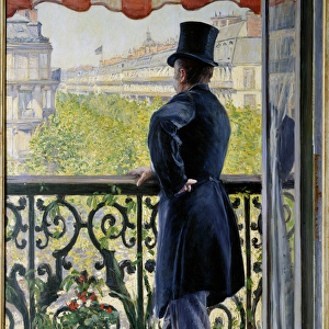 The man on the balcony An elegant man in a top hat rests on the railing of a balcony
