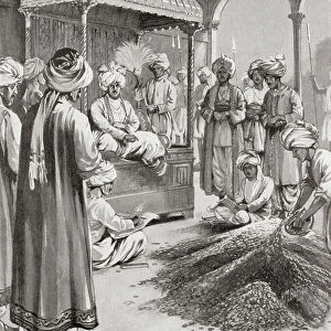 Muhammad bin Tughluq issuing token currency, 14th century (print)