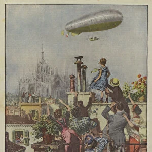 The P 2 military airship, arrived from Venice, flies over Milan, arousing enthusiasm among the population (colour litho)