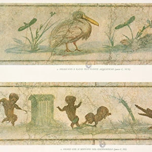 Pelicans, acquatic plants and pygmies fleeing before a crocodile