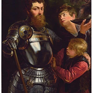 Portrait of a commander, three-quarter length, being dressed for battle (oil on panel)