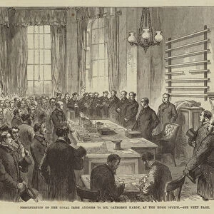 Presentation of the Loyal Irish Address to Mr Gathorne Hardy, at the Home Office (engraving)