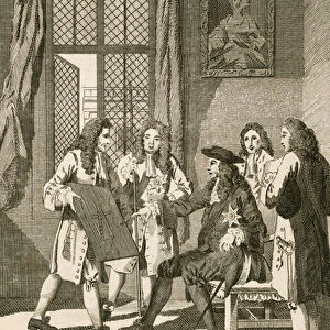 Sir Christipher Wren presenting to King Charles II his plan for rebuilding London (engraving)