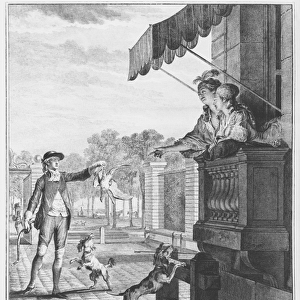 Taking up a bet, engraved by Camligue (fl. 1785) c. 1777 (engraving) (b / w photo)