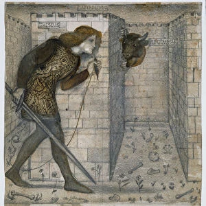 Theseus and the Minotaur in the Labyrinth, 1861 (pencil & wash on paper)