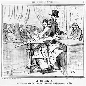 Turnstile at the Universal Exhibition in Paris, cartoon from the Exposition