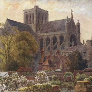 Winchester Cathedral from the Deanery Gardens (colour litho)