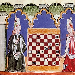 Two women playing chess. Miniature from the manuscript "