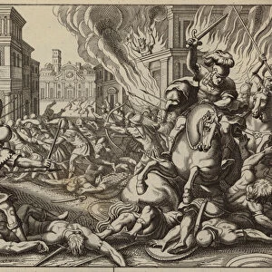 Zimri capturing the city of Tirzah and setting its palace on fire (engraving)