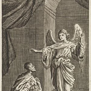 Cornelius kneels before the angel sent to him, Jan Luyken, Anonymous, 1712