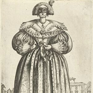 Lady with mask and flower, seen from the front, Anonymous, 1630 - 1690