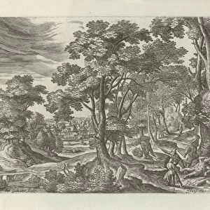 Landscape with robbery of the traveler, Julius Goltzius, J. Janssonius, c. 1560 - 1595