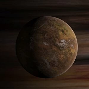 Artists concept of a Mars-like moon in front of a gas giant