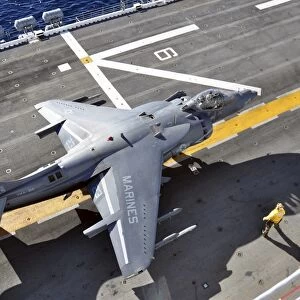 An AV-8B Harrier prepares to takeoff from USS Peleliu