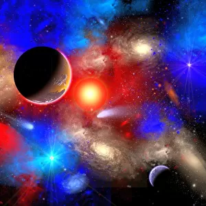 A conceptual image of the universe with its mixture of rich colours and cosmic objects