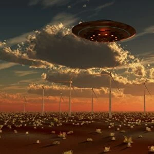 A UFO and alien on a desert wind farm