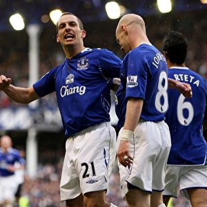 Football - Everton v Derby County Barclays Premier League - Goodison Park - 6 / 4 / 08 Leon Osman celebrates scoring Evertons first goal with Andrew Johnson Mandatory Credit: Action Images / Carl Recine Livepic NO ONLINE / INTERNET USE WITHOUT A LICEN