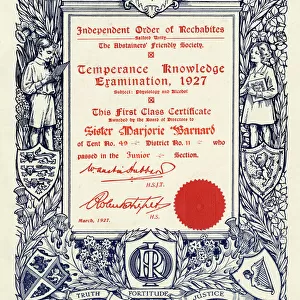 Independent Order of Rechabites, Temperance Knowledge Examination, certificate awarded to Sister Marjorie Barnard, 1937