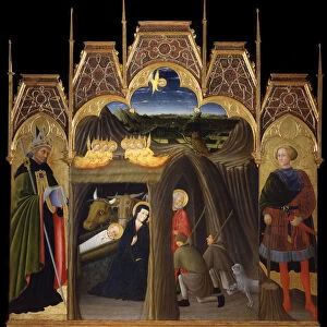The Adoration of the Shepherds between Saints Augustine and Galgano, 1440-1449. Artist: Pietro di Giovanni d Ambrogio (ca 1410-1449)