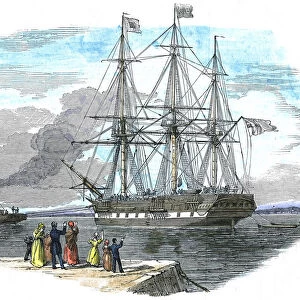 British emigrant ship being towed out of harbour before setting sail for Sydney, Australia