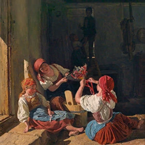 Children decorating a Conscripts hat, 1854. Artist: Waldmuller, Ferdinand Georg (1793-1865)