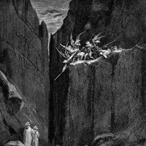 Dante protected by Virgil from harm by demons, 1863. Artist: Gustave Dore