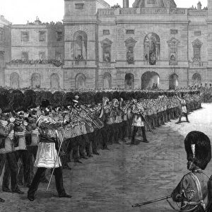 Guards trooping the colours in St Jamess Park on Her Majestys birthday, 1875