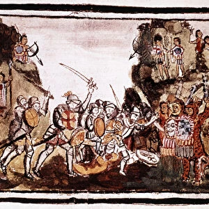 Hernando Cortes (Cortez) (1485-1547), Spanish conquistador, attacking natives in Mexico