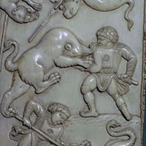 Detail from an ivory diptych of men fighting lions, 6th century