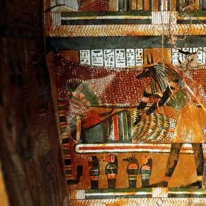 Jackal-headed god Anubis receiving dead king or noble, Ancient Egyptian