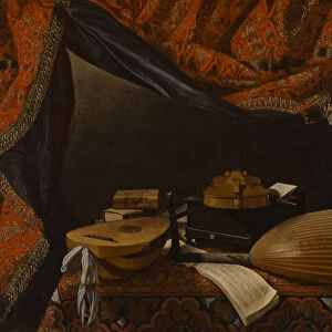 Still life with Musical Instruments, Books and Sculpture, c. 1650. Artist: Baschenis, Evaristo (1617-1677)