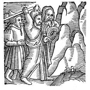 Moses striking the rock in the wilderness and producing water, 1557