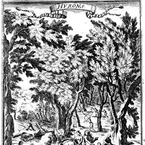 North American Huron Indians hunting and preparing food in woodland, 1686
