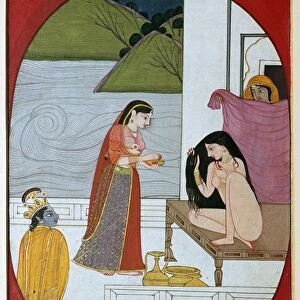 Painting of the god Khrishna watching Radha at her bath, 19th century